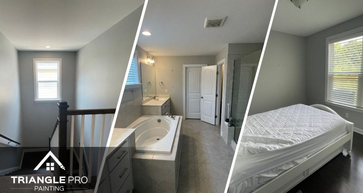 This is a three-split image showing a stairwell, bathroom, and bedroom painting project completed by Triangle Pro Painting in Madonna Acres, Raleigh, NC.