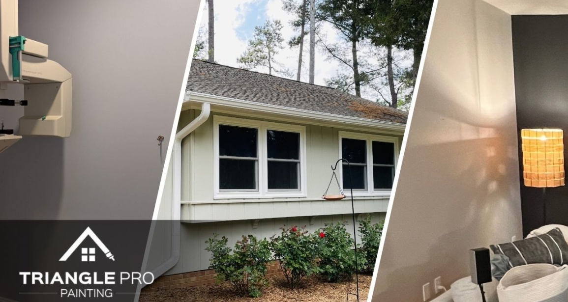 This is an image of a painted gray wall, a painted room, and a yellow painted house in Raleigh, NC.