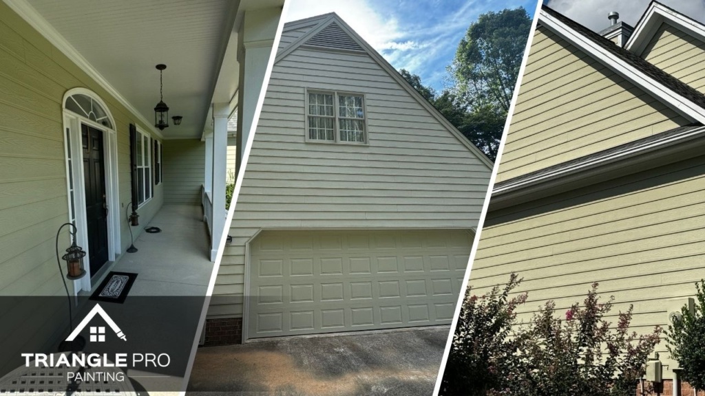 This is a three-split image combining exterior entryway, garage door, and siding painting by Triangle Pro Painting in Madonna Acres Raleigh NC.