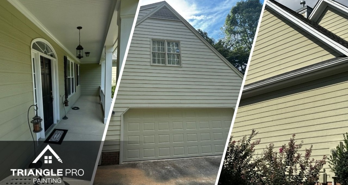 This is a three-split image combining exterior entryway, garage door, and siding painting by Triangle Pro Painting in Madonna Acres Raleigh NC.