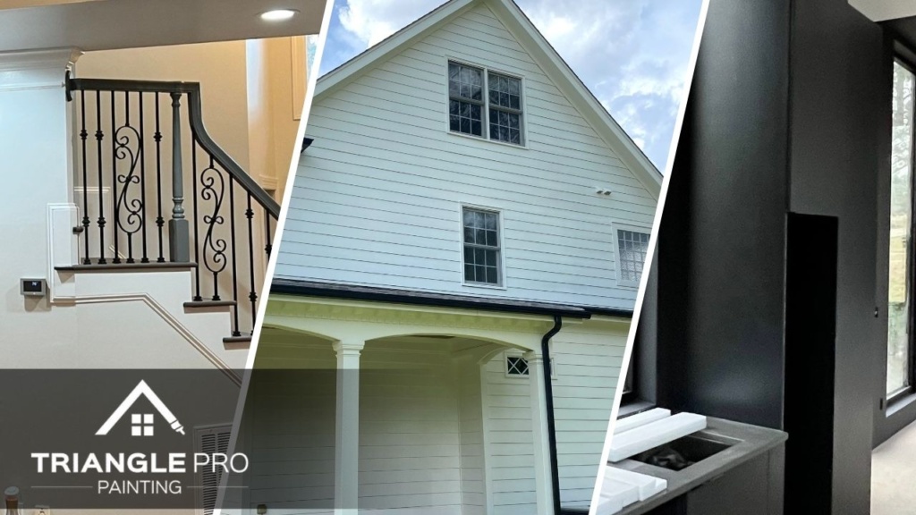 This is a split image of white house, staircase, and black painted wall.