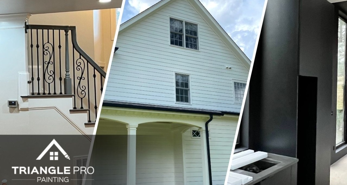 This is a split image of white house, staircase, and black painted wall.