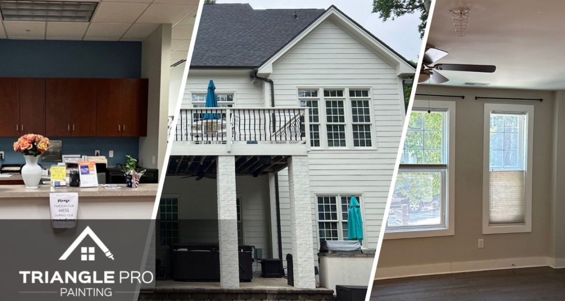 This is a split image of a green painted room, a newly painted countertop, and a white house in RAleigh.