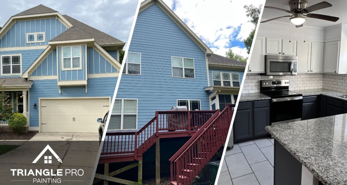 This is a three split image showing cabinet and exterior painting by Triangle Pro Painting in Boylan Heights Raleigh NC.