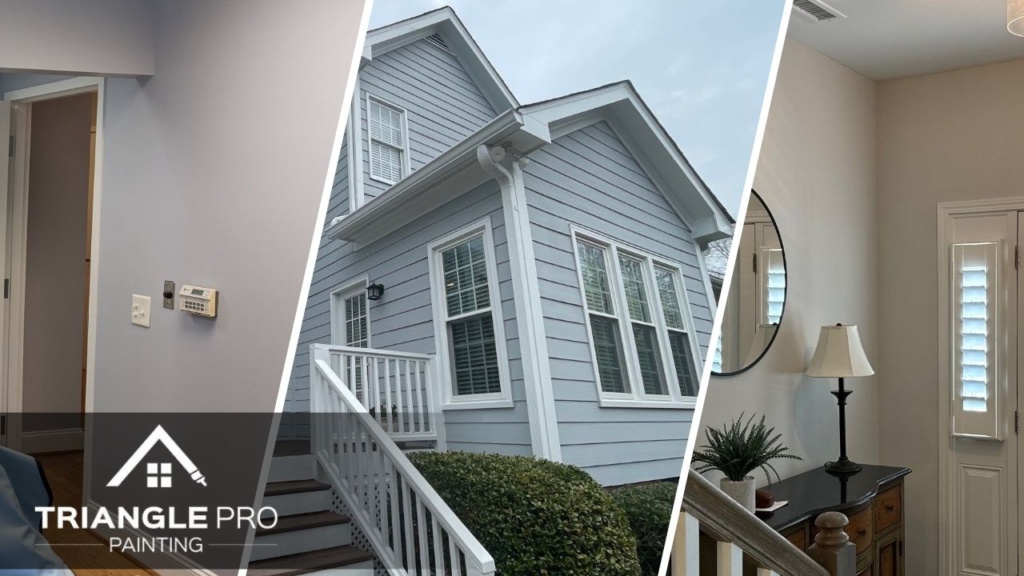 This is a split image of newly painted house, interior of a house, and commercial space in Raleigh, NC.