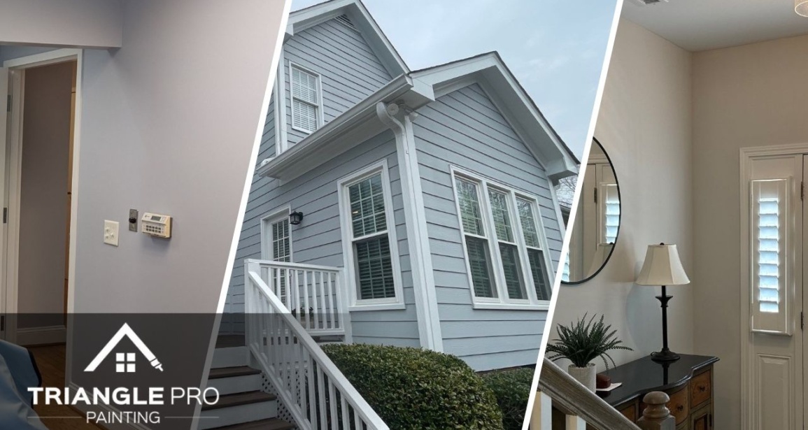 This is a split image of newly painted house, interior of a house, and commercial space in Raleigh, NC.