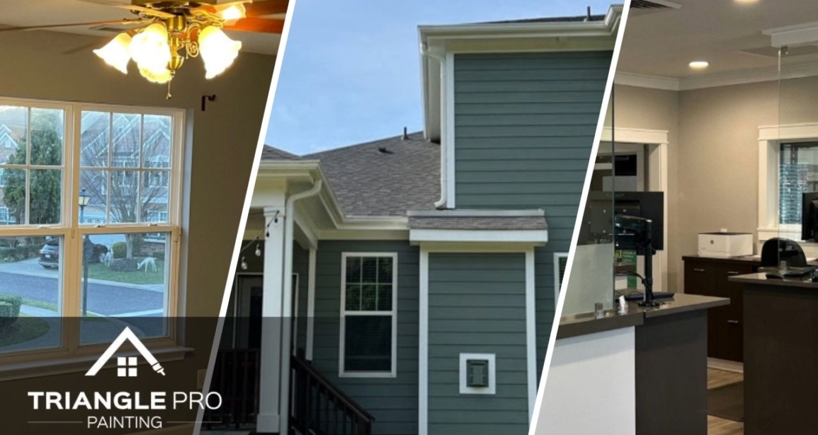 This is a split image of commercial, interior, and exterior painting services in Raleigh, NC.