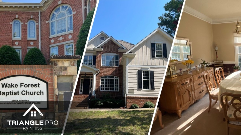 This is a three-split image combining church, residential exterior, and dining room interior painting by Triangle Pro Painting in Madonna Acres Raleigh, NC.