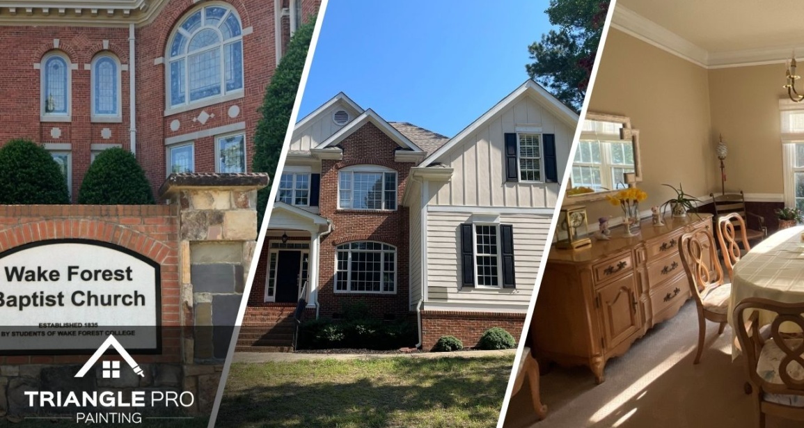 This is a three-split image combining church, residential exterior, and dining room interior painting by Triangle Pro Painting in Madonna Acres Raleigh, NC.