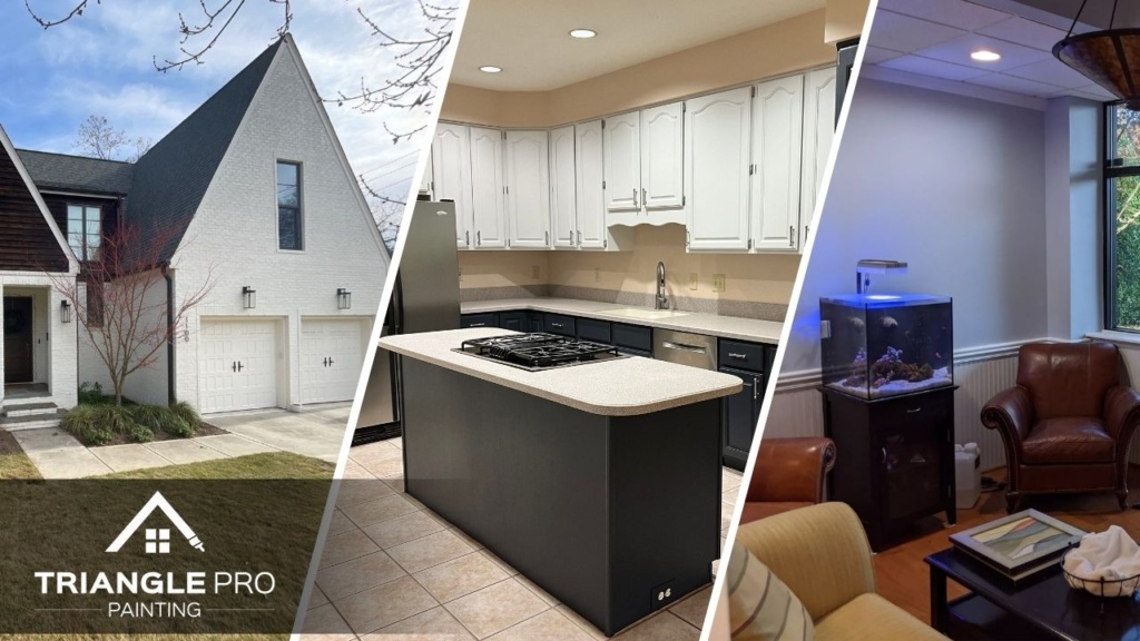 This is a three-split image combining residential exterior, kitchen interior, and commercial office painting by Triangle Pro Painting in Boylan Heights Raleigh, NC.