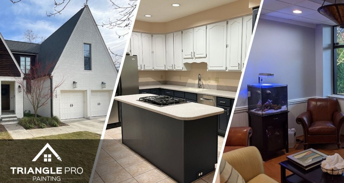 This is a three-split image combining residential exterior, kitchen interior, and commercial office painting by Triangle Pro Painting in Boylan Heights Raleigh, NC.