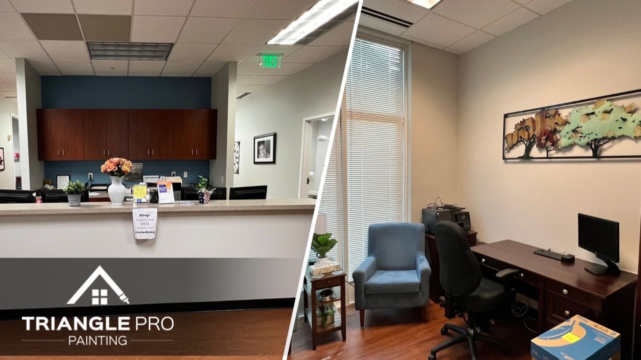 This is a split image of a newly painted office in Raleigh, NC.