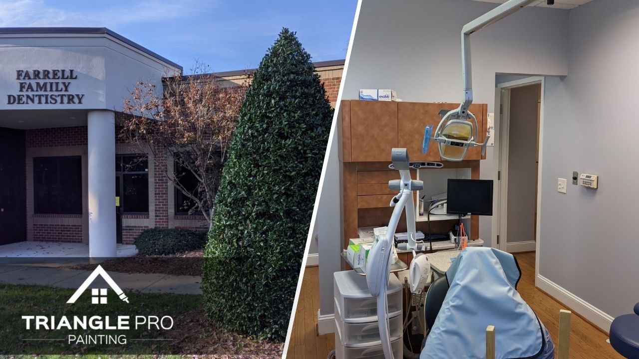 A split image of the outside and the inside view of a dental clinic in Raleigh.