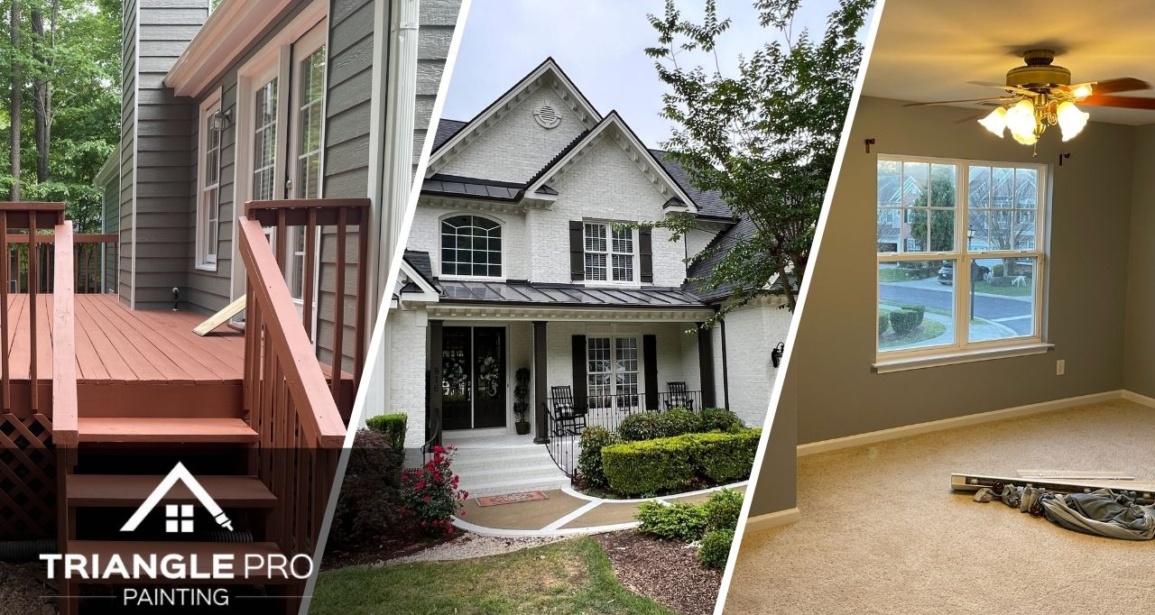 This is a split image of deck painting. white house, and an interior painting in Raleigh, NC.