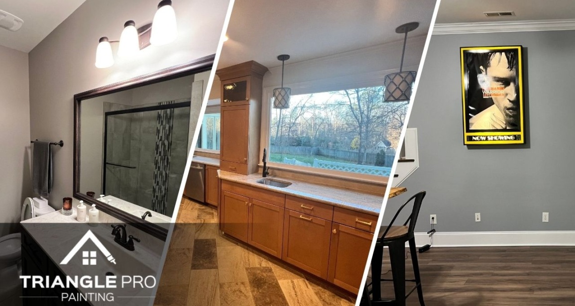 This is a split image of gray wall, kitchen cabinet, and a newly renovated comfort room,