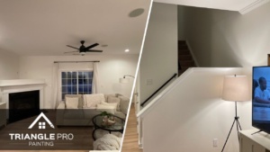 This is a split image of living room that is painted with white paint and stairs and walls.