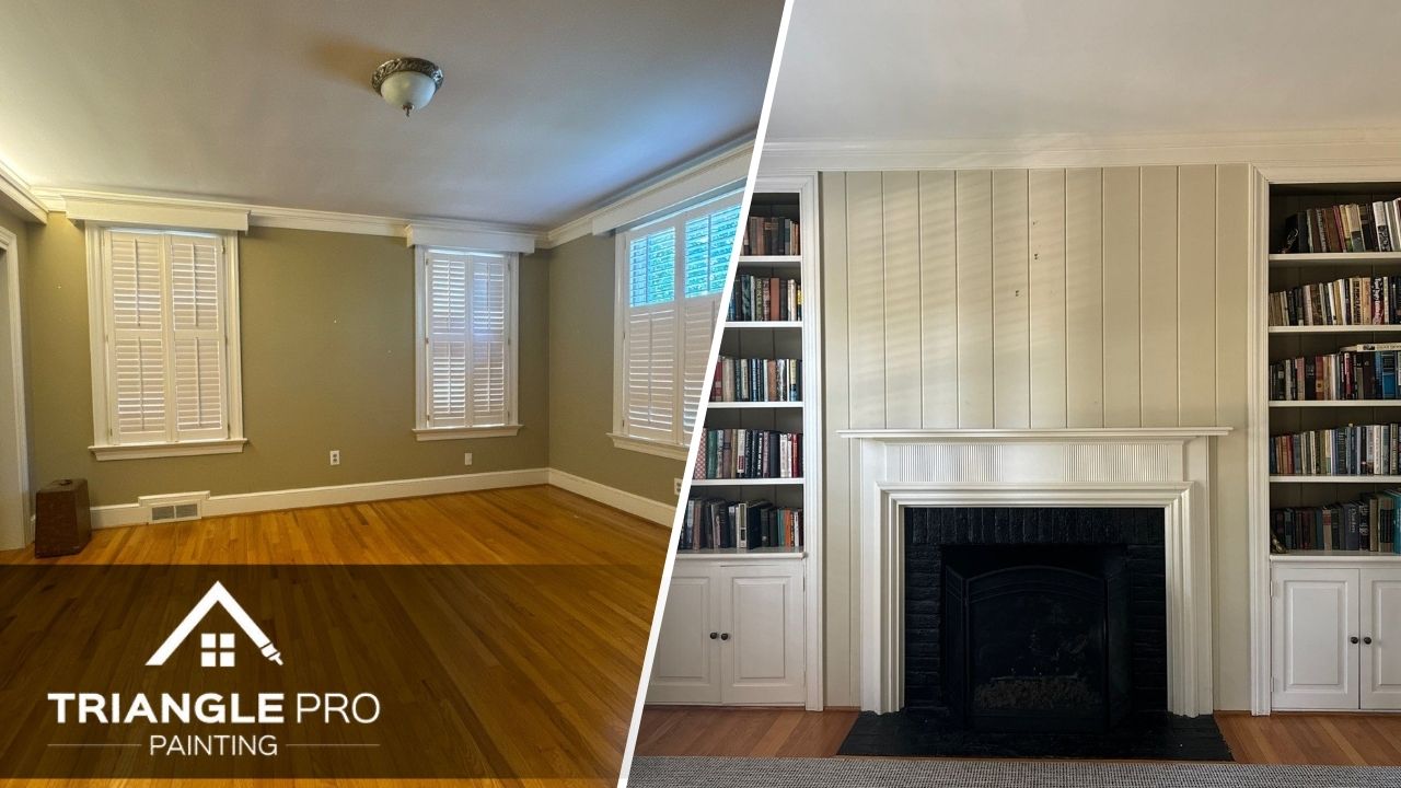 A split image of a green room and cream colored wall.