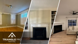 A split image of green room, cream colored wall, and white painted living room.
