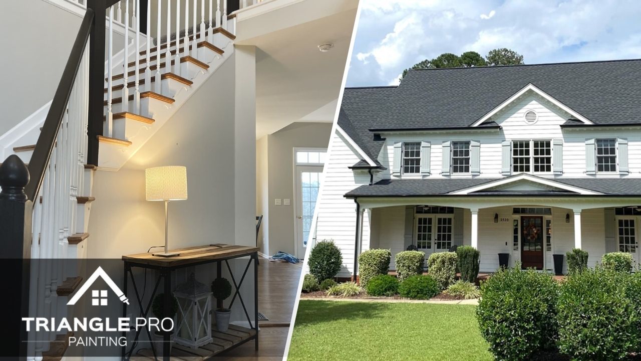 This is a split image of interior and exterior painting in Raleigh, NC.