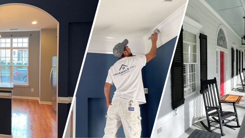 This is a two-split image of interior painting services in Stonehenge Raleigh, NC, showing a kitchen repaint and precision crown molding work by Triangle Pro Painting