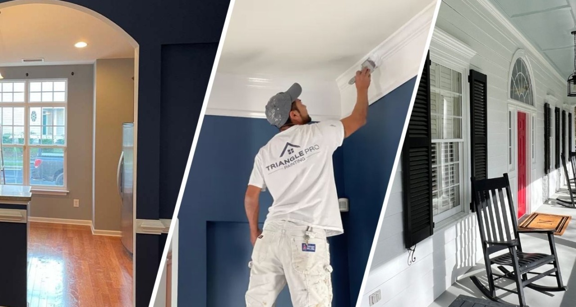 This is a two-split image of interior painting services in Stonehenge Raleigh, NC, showing a kitchen repaint and precision crown molding work by Triangle Pro Painting