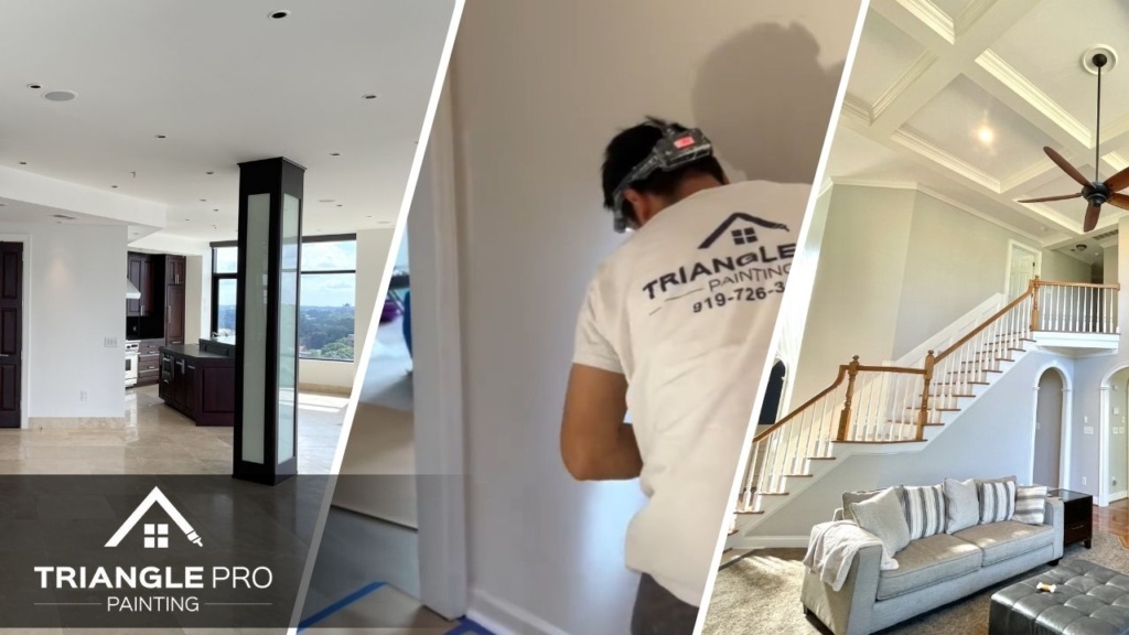 This three-split image highlights residential interior painting in Stonehenge Raleigh, NC. It features a finished living area with expansive windows, a Triangle Pro Painting crew member applying paint with precision, and a beautifully updated staircase area with coffered ceilings.