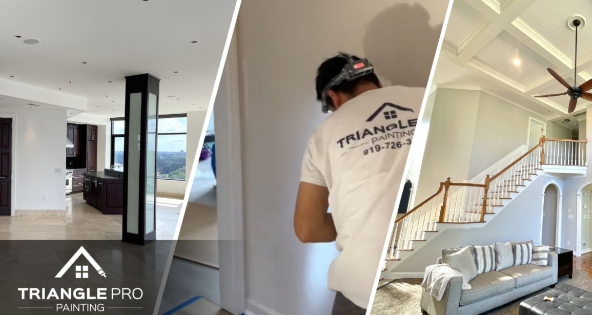 This three-split image highlights residential interior painting in Stonehenge Raleigh, NC. It features a finished living area with expansive windows, a Triangle Pro Painting crew member applying paint with precision, and a beautifully updated staircase area with coffered ceilings.