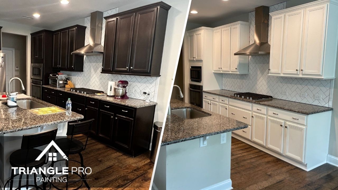 This is a split image of a cabinet painting service in Raleigh, NC.