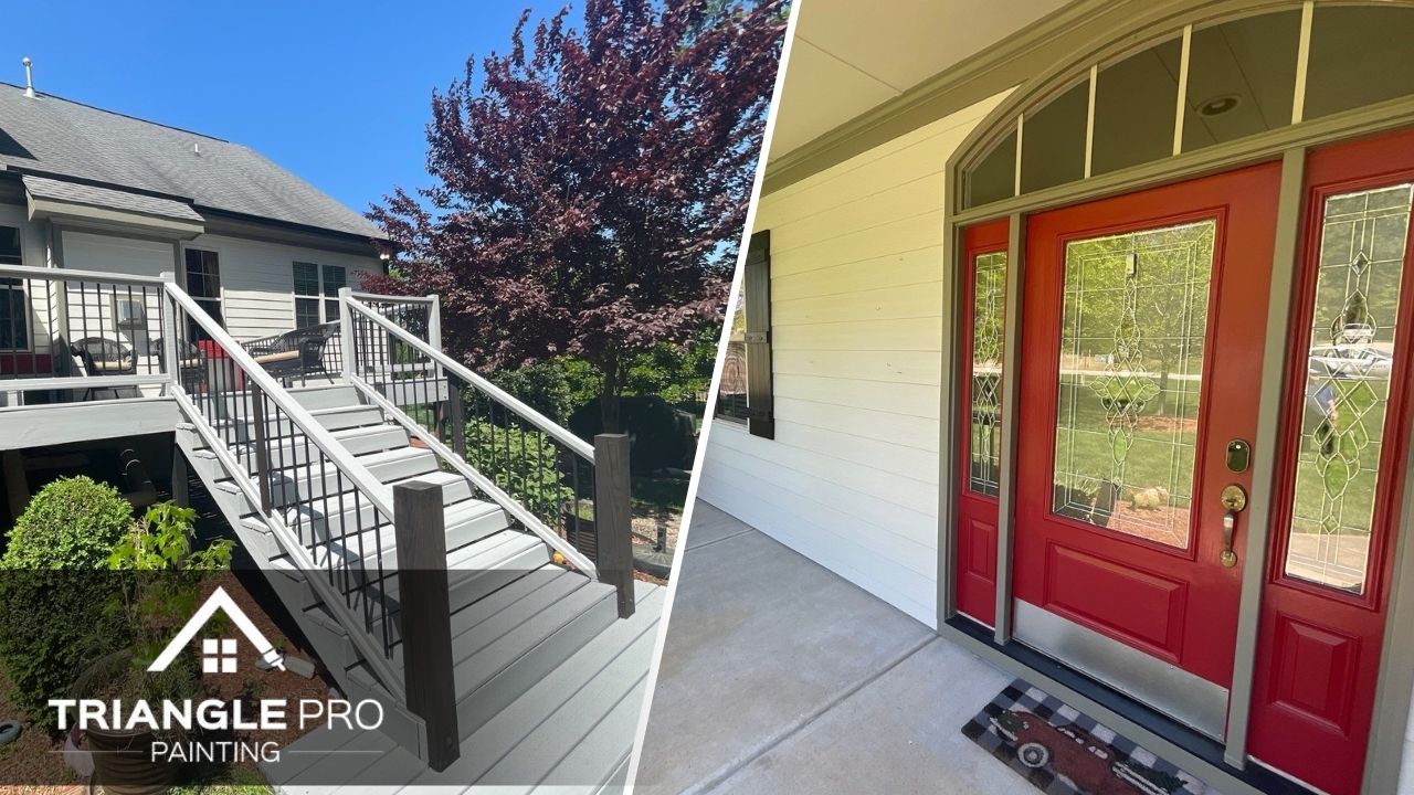 This is a split image white painted deck and red door.