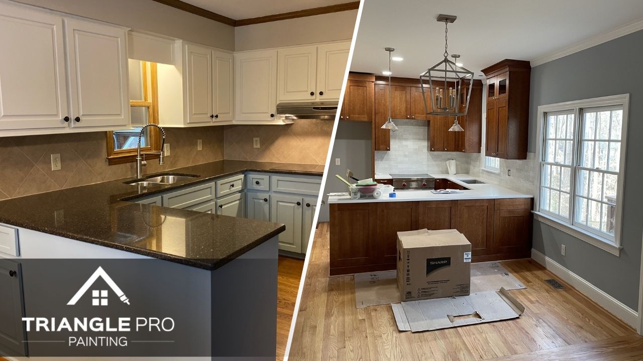 This is a split image of cabinet painting services in Raleigh, NC.
