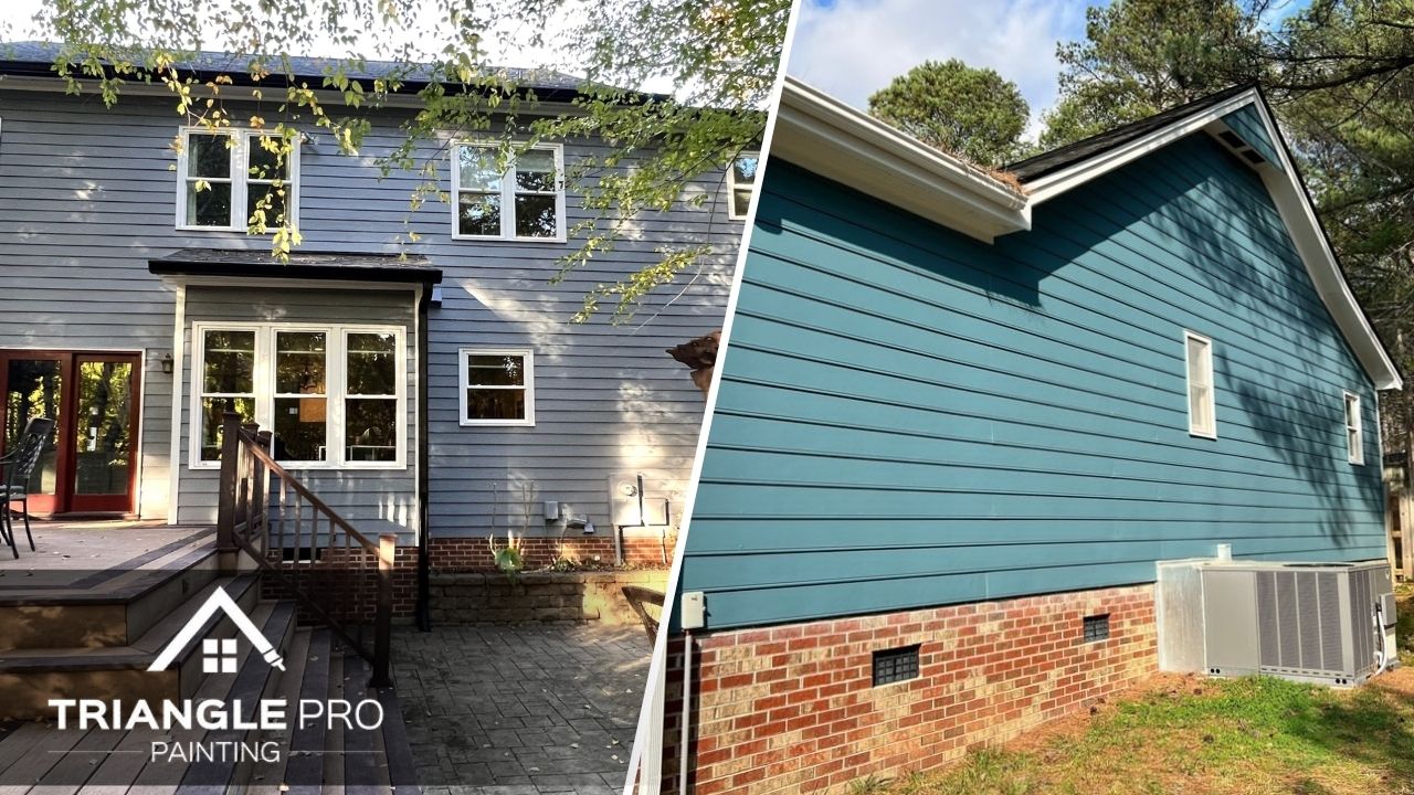 This si a split image of a gray painted house and a house with a blue siding.