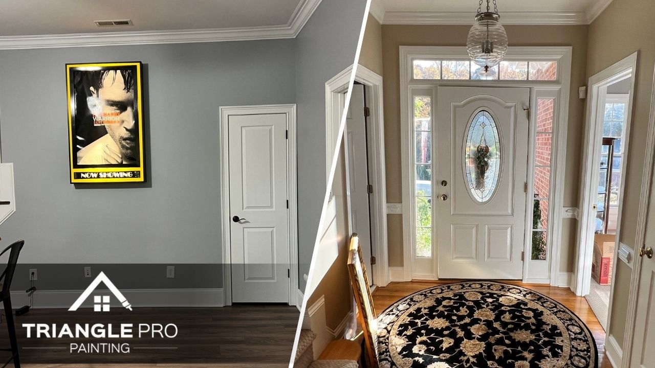 This is a split image of gray painted interior wall and a new painted white door.