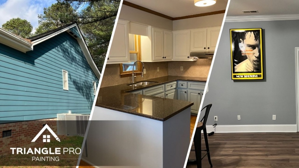 This is a split image of blue siding, kitchen cabinets, and gray interior wall.