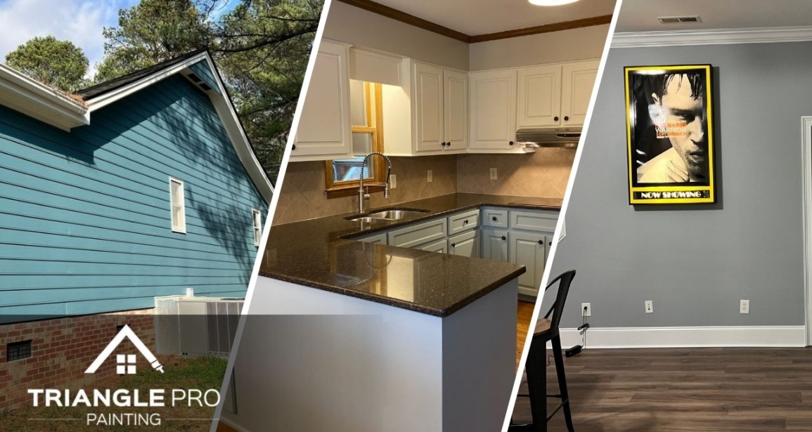This is a split image of blue siding, kitchen cabinets, and gray interior wall.
