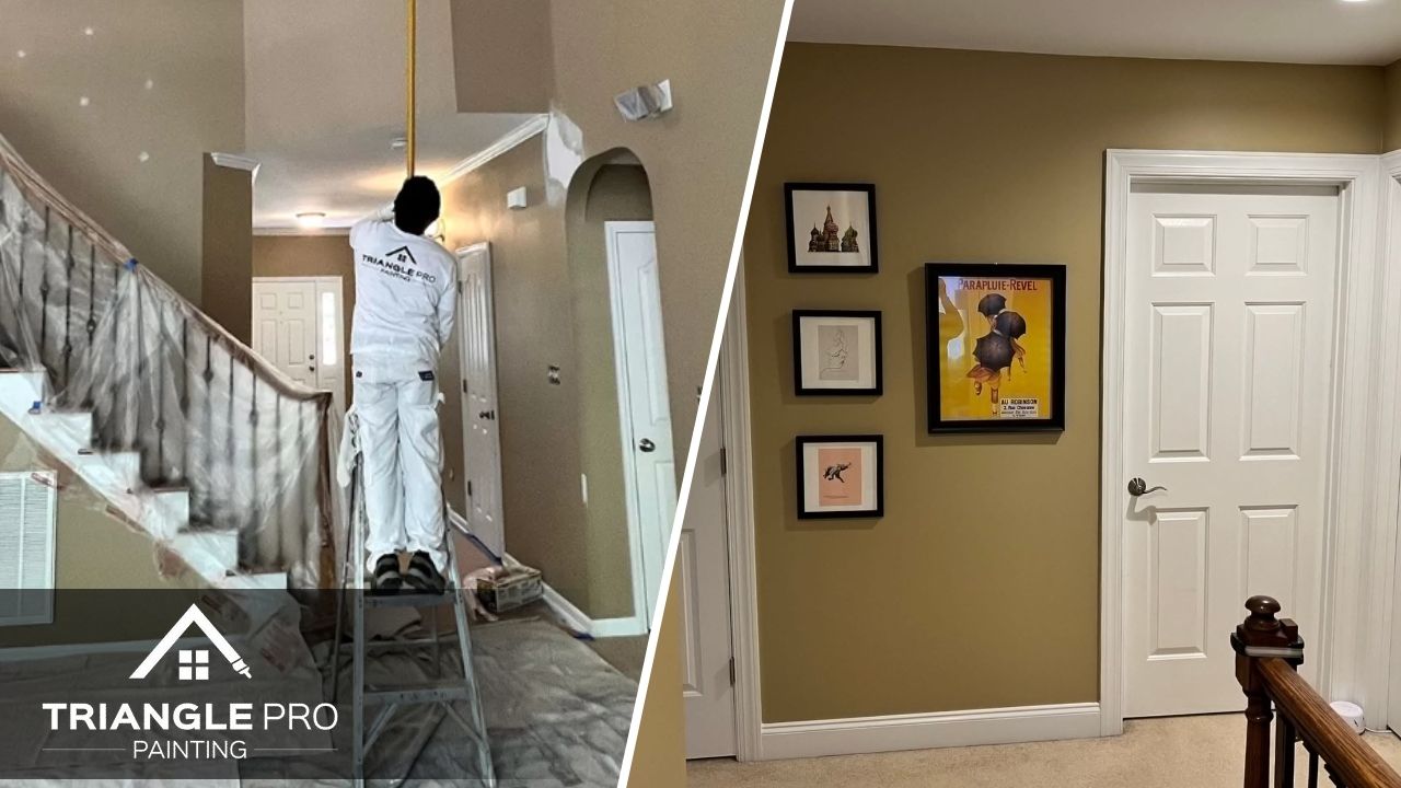 This is a two-split image of interior painting in Stonehenge Raleigh, NC, showing a hallway painting in progress and a completed upstairs hallway.