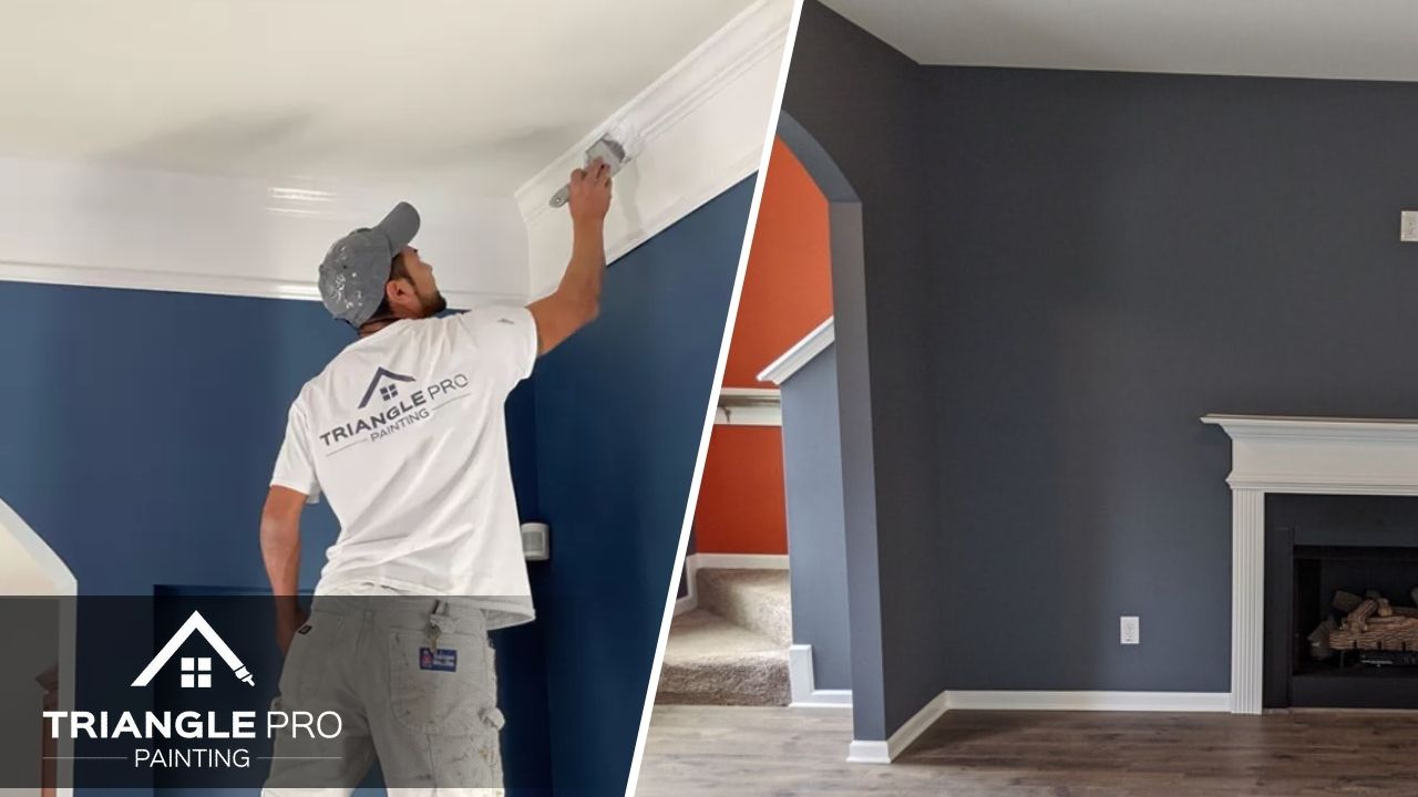 This is a two-split image of residential painting in Stonehenge Raleigh, NC, featuring a pro painter detailing white trim over navy walls and a bold accent color contrast near a stair landing.
