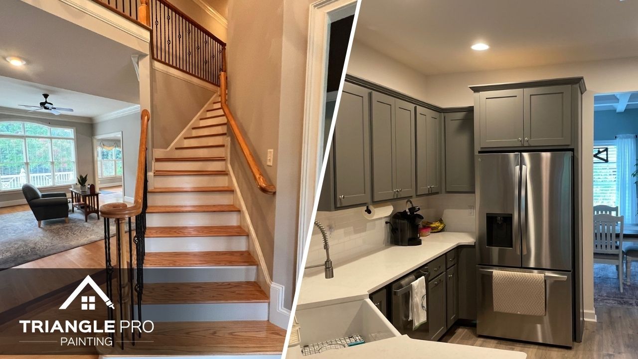 This is a two-split image of freshly painted interiors in Stonehenge Raleigh, NC, featuring a staircase area and a modernized kitchen.