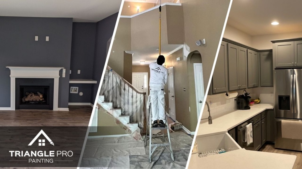 This is a three-split image of interior residential repainting in Stonehenge Raleigh, NC. The project showcases a freshly painted fireplace accent wall, a high-ceiling hallway in progress, and modern kitchen cabinetry updates.