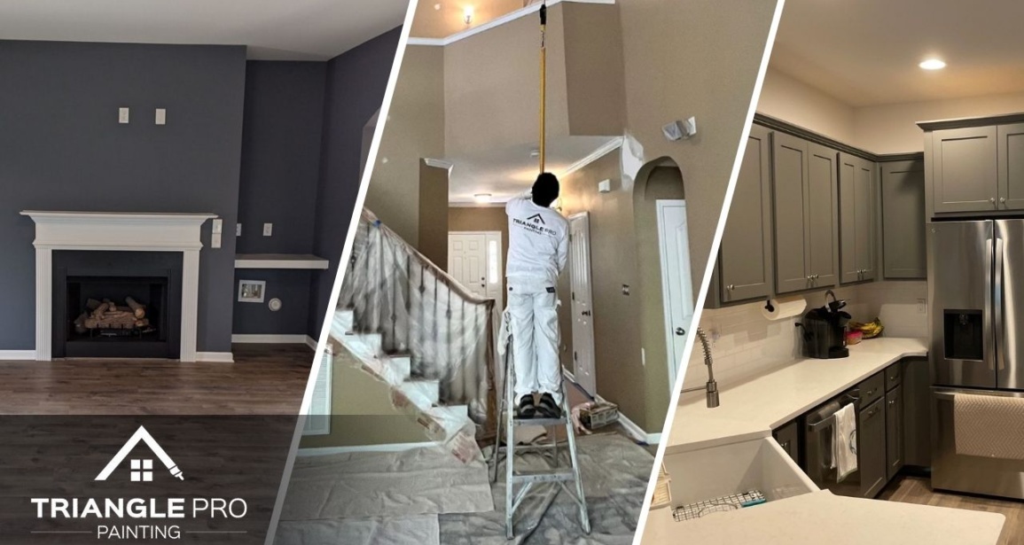 This is a three-split image of interior residential repainting in Stonehenge Raleigh, NC. The project showcases a freshly painted fireplace accent wall, a high-ceiling hallway in progress, and modern kitchen cabinetry updates.