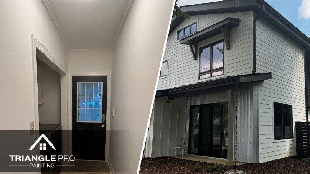 A clean hallway entry and modern exterior in Stonehenge Raleigh, NC are featured in this split image.