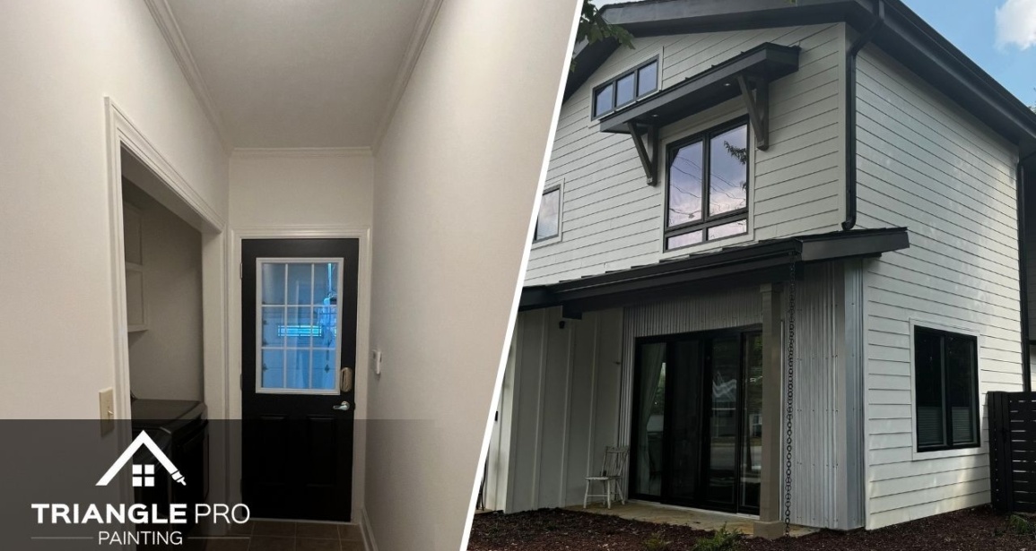A clean hallway entry and modern exterior in Stonehenge Raleigh, NC are featured in this split image.