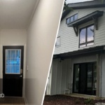 A clean hallway entry and modern exterior in Stonehenge Raleigh, NC are featured in this split image.