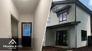 A clean hallway entry and modern exterior in Stonehenge Raleigh, NC are featured in this split image.