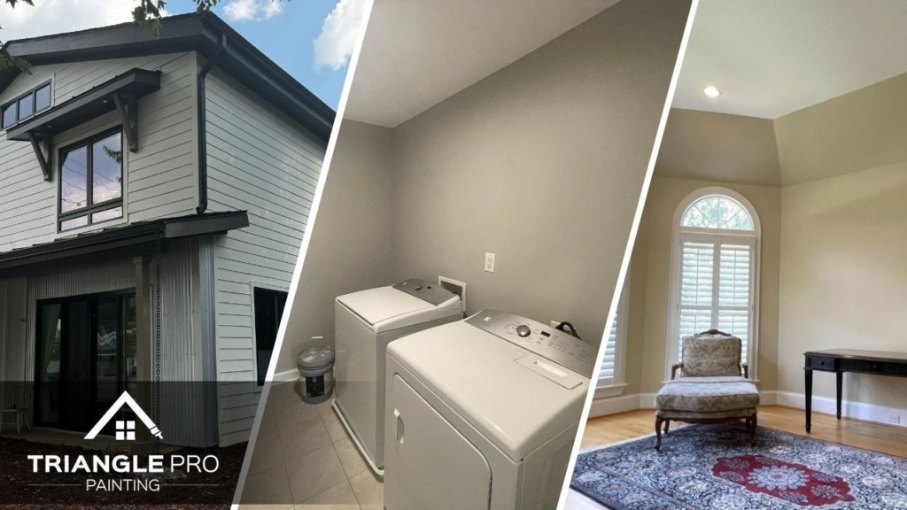 This three-panel image illustrates a complete painting transformation in Stonehenge Raleigh, NC. It includes a modern gray-and-white exterior, a neutral-toned laundry room, and a tranquil sunroom with natural light.