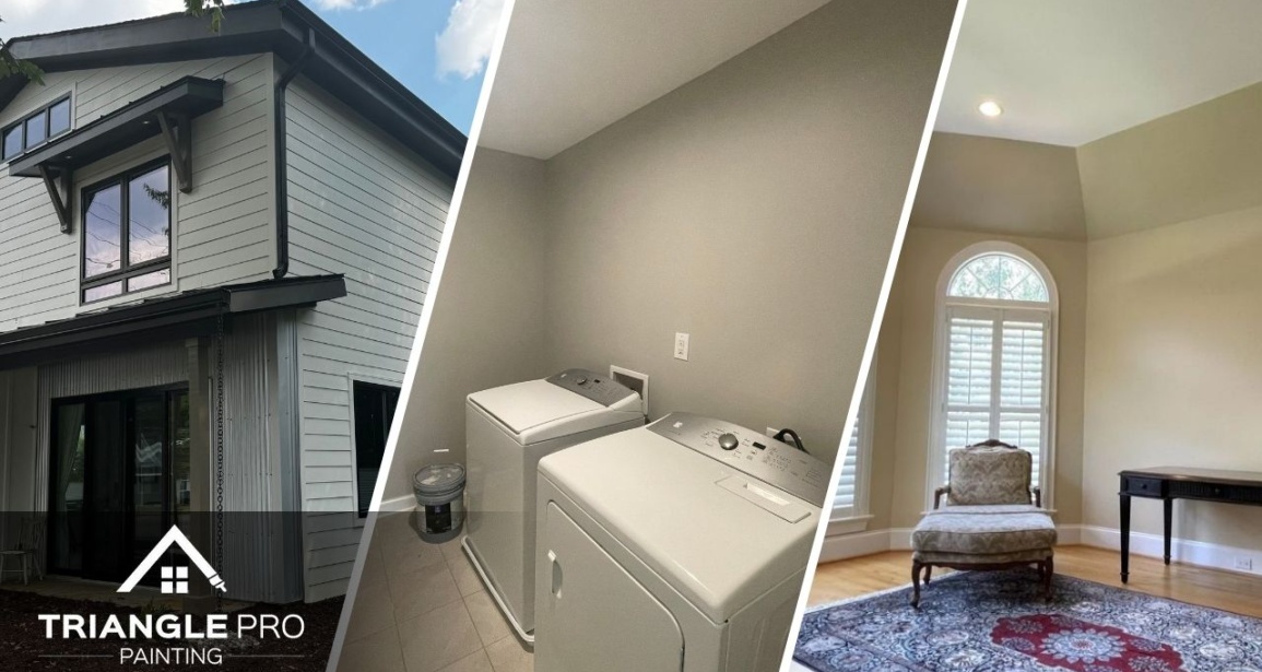 This three-panel image illustrates a complete painting transformation in Stonehenge Raleigh, NC. It includes a modern gray-and-white exterior, a neutral-toned laundry room, and a tranquil sunroom with natural light.