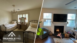 This is a split image of a newly painted bedroom and a living room space.