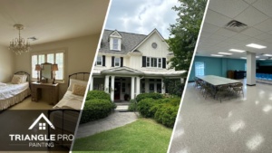 This is a split image of a white house, an empty bed room, and a commercial space.