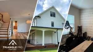 This is a three-split image showcasing residential painting services in Stonehenge Raleigh, NC, including a dining room refresh, exterior house repaint, and a gym accent wall—expertly handled by Triangle Pro Painting