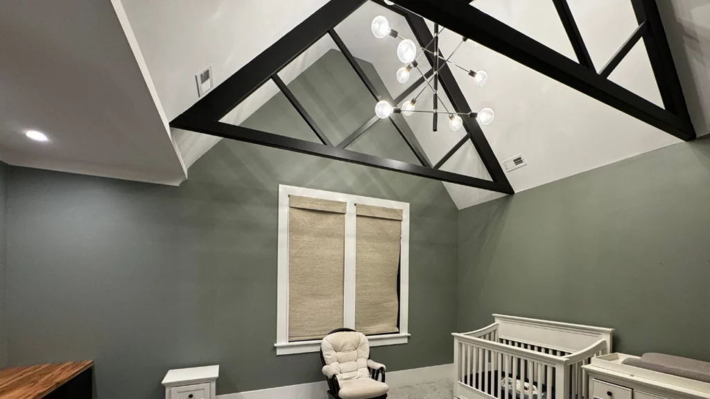 A newly painted room in Kylie’s home, beautifully coated in Sherwin-Williams Evergreen Fog for a calming and sophisticated look.