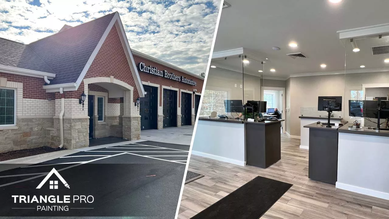This is a split image. On teh left is hte extrior of an office building. On the right is the interior of an office space. Both are examples of recent commercial painting projects.